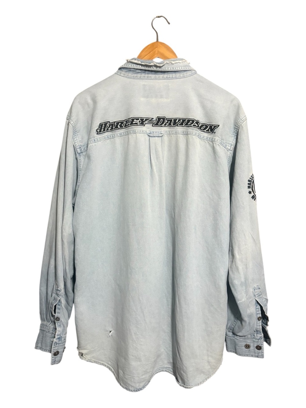 HARLEY-DAVIDSON Light Blue Trashed Distressed Denim Shirt